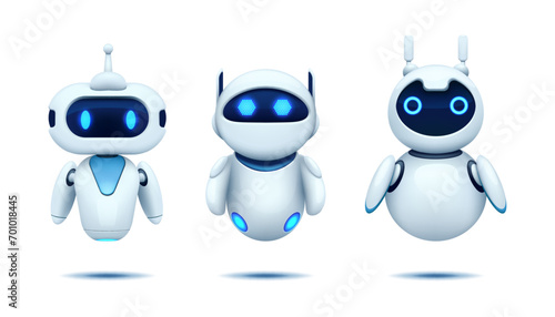 3d robot. Bot character icon, space toy mascot for logo, cartoon alien kids technology cyborg with different emotions, science rocket, space support, AI face. Vector design illustration