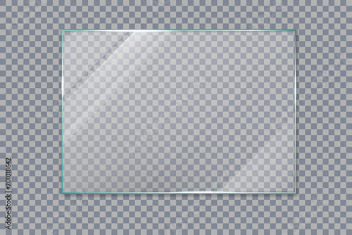 Glass window. Transparent screen effect. Shine glossy plastic glare frame. 3D mirror. Clear rectangular plate with gloss. Acrylic showcase. Plexiglas texture. Vector isolated background