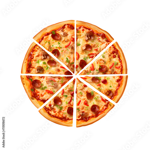 Tasty pepperoni pizza. Top view of hot pepperoni pizza. Flat lay. Isolated on Png background. 