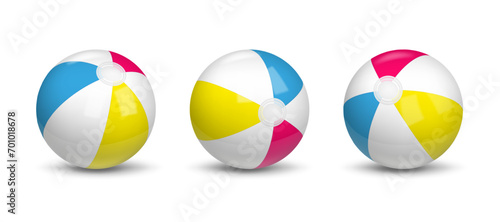 Beach ball. Swimming pool summer party. Volleyball element. Sand sport game. Inflatable rubber bubble. Striped plastic sphere. Bouncing toy. Vector realistic isolated circle objects set