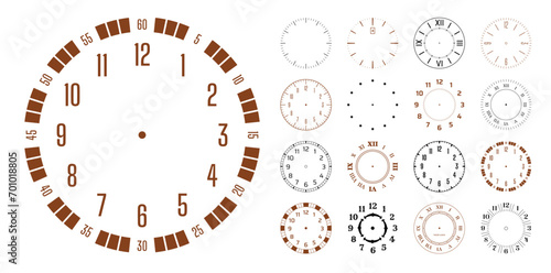 Vintage clock face. Roman numeral watch circle dial. Analogue antique hour numbers for analog gothic wall. Retro round chronometer. Timepiece ticking. Vector design time elements set