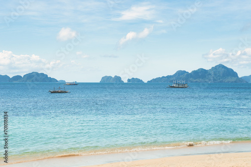 PALAWAN, PHILIPPINES - DECEMBER 21, 2023: Beach landscape in Palawan island, Philippines. Seven Commandos Beach.. 6 million foreign tourists visited Philippines in 2016.