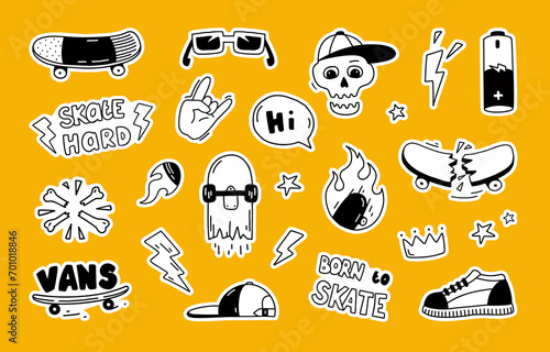 Skateboard stickers. Cool skate graffiti. Graphic street art. Skull on skater sport board. T-shirt print badge. Trendy sneakers. Skatepark symbols. Vector skateboarding retro labels set