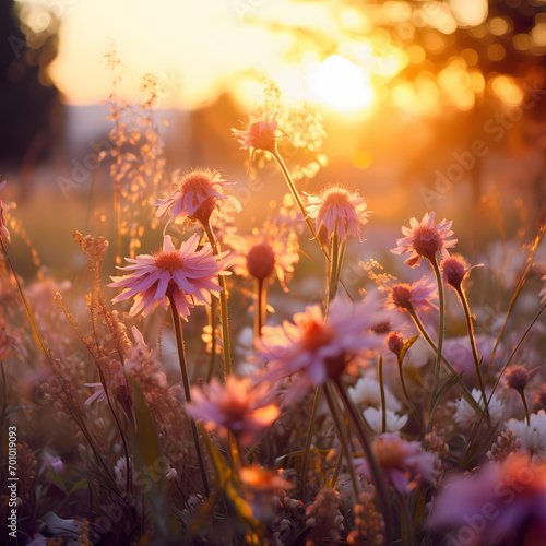 A field of wildflowers in the soft glow of sunset.