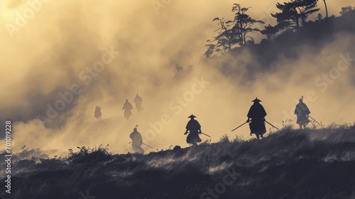 Stunning dawn scene in fog with silhouetted samurais on the historic Sekigahara battlefield, delivered in modern ink wash style and muted tones.