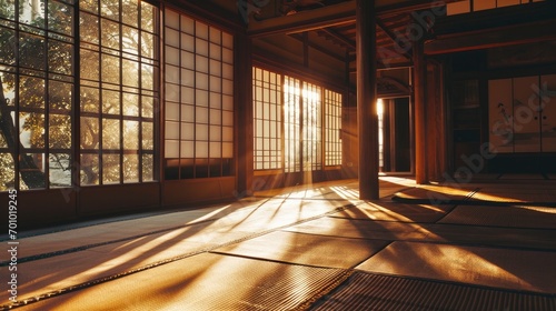 Traditional japanese empty room interior with tatami mats and sun light. photo