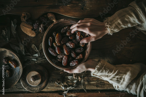 A person's hands select dates from an old bowl on a rustic wooden background.