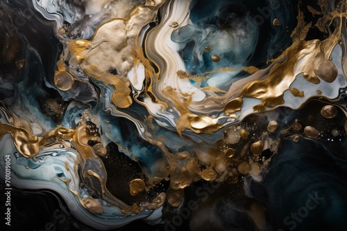 Abstract marble wallpaper with resin geode and watercolor-like art. Golden, black and gray background. Generative AI
