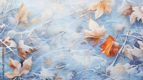 A background of crisp, frost-covered leaves, capturing the beauty and tranquility of a cold winter's day Ai Generative