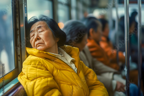A senior Asian woman in a yellow jacket dozing off on a public bus from exhaustion.