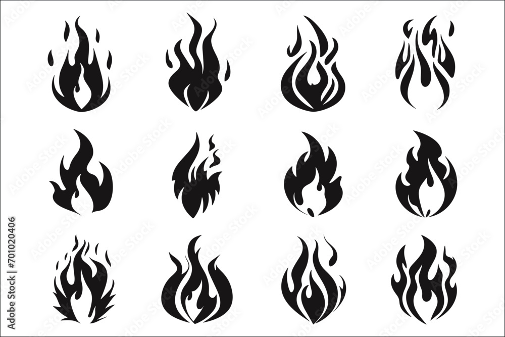 Fire flames set, Fire flames black color silhouette set Fire flames set, Fire flames black color silhouette set