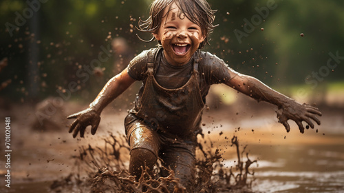 A happy child in the mud, laughing and playing with pain photo