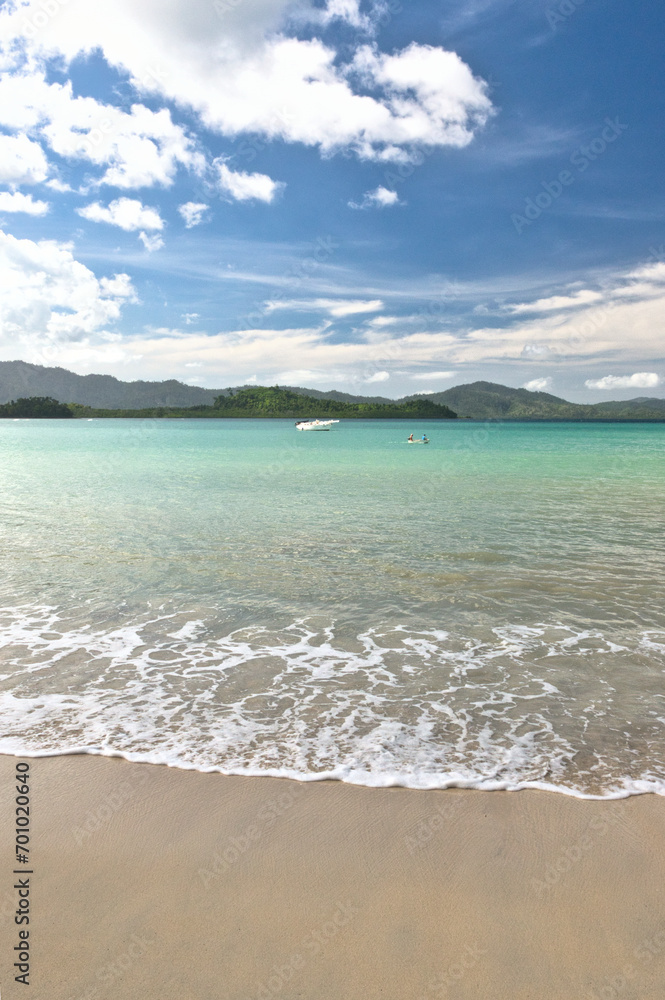 Port Barton, Palawan  Philippines - December 23 2023 - Beautiful coastline and turquoise water at the Port Barton Beach in San Vicente, Palawanin the White Beach near Port Barton