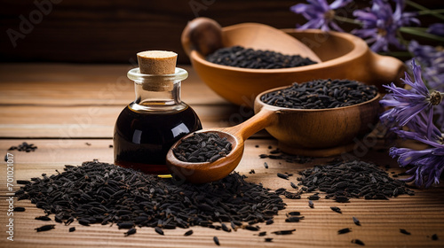 of black cumin essential oil on a wooden background photo
