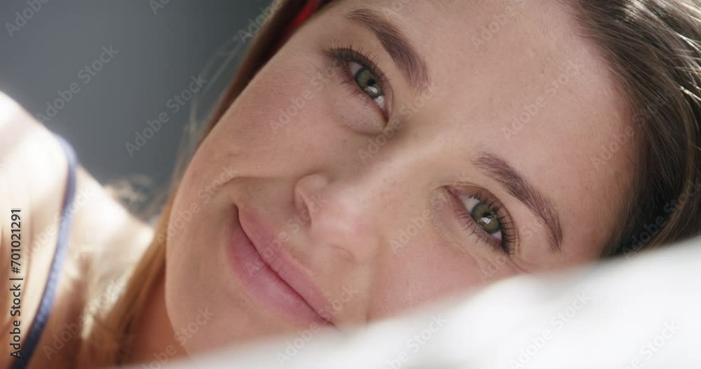 Happy woman, face and relaxing in bed at home, smiling and resting in bedroom on weekend. Female person, portrait and comfortable or lying on vacation or holiday, wake up and positive or morning Happy woman, face and relaxing in bed at home, smiling and resting in bedroom on weekend. Female person, portrait and comfortable or lying on vacation or holiday, wake up and positive or morning