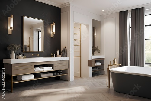 Inviting modern classic minimalist bathroom with a standalone vanity, geometric tiles, and warm lighting photo