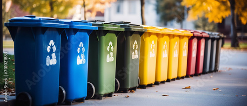Color-coded recycling bins filled with paper, plastic, metals, and glass for environmental waste management.