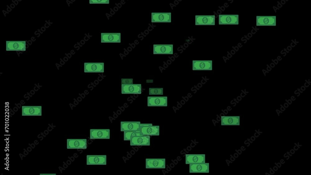 Animation of dollars falling from the sky on a black background Animation of dollars falling from the sky on a black background