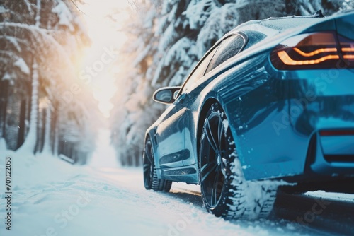 A blue car is driving down a snow covered road. This image can be used to depict winter driving conditions