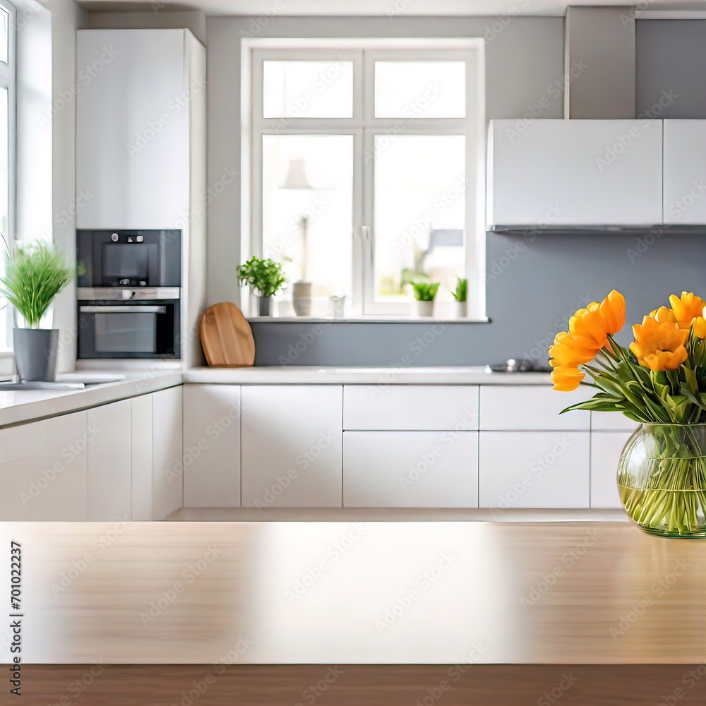 © Perecciv - kitchen table for demonstrating products with modern kitchen interior, concept of cooking food from natural products, kitchen panorama,