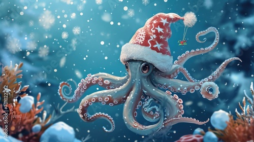 An adorable octopus wearing a Santa hat, standing in the snow. Perfect for holiday-themed designs and winter promotions