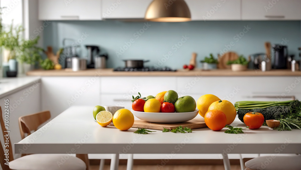 kitchen table for demonstrating products with modern kitchen interior, concept of cooking food from natural products, kitchen panorama, kitchen table for demonstrating products with modern kitchen interior, concept of cooking food from natural products, kitchen panorama,