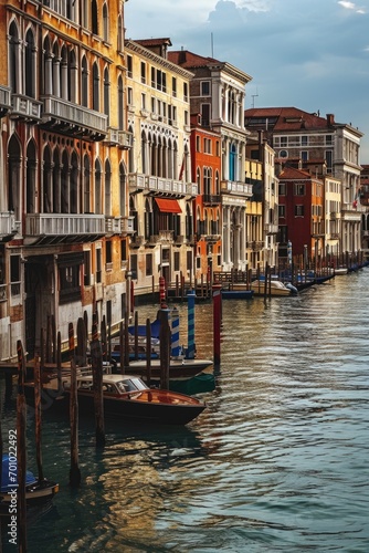 A picturesque view of a row of buildings along a serene canal, with boats floating peacefully. Perfect for travel brochures and cityscape illustrations © Fotograf
