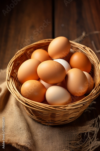 a basket of chicken eggs on a wooden table