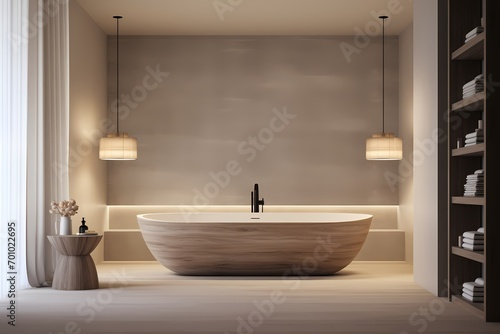 Inviting modern classic minimalist bathroom with a freestanding tub  natural materials  and soft  diffused lighting