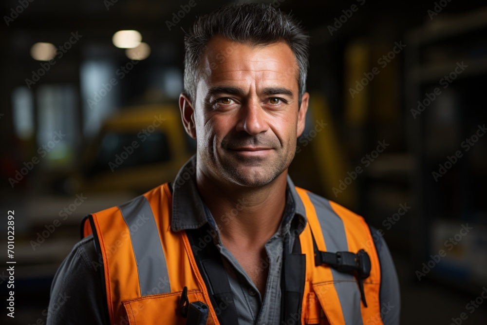 A construction engineer posing in a safety vest and hard hat, smiling for a studio portrait in India. A construction engineer posing in a safety vest and hard hat, smiling for a studio portrait in India.