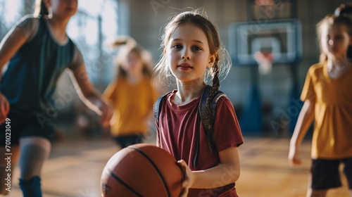 Young pupil leading a basketball in a school gym during a physical education lesson, with her trainer and peers in the backdrop. photo