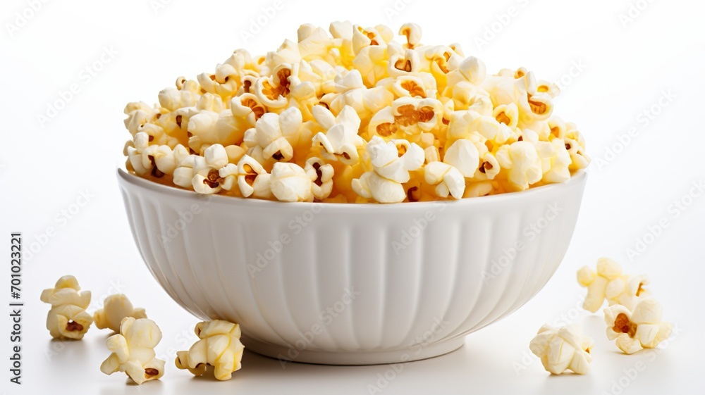 Isolated Popcorn on White Background, Tempting Snack Captured in Crisp Detail Isolated Popcorn on White Background, Tempting Snack Captured in Crisp Detail