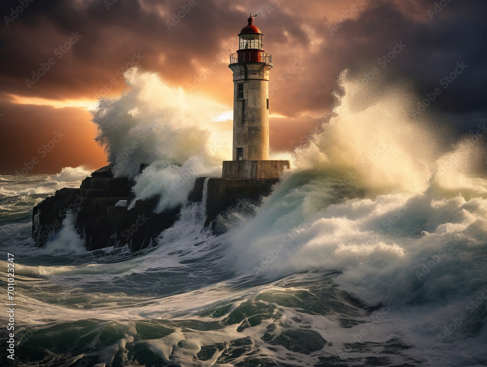 Remote lighthouses withstand the tempestuous sea, their stoic silhouettes a beacon amidst the storm's fury.