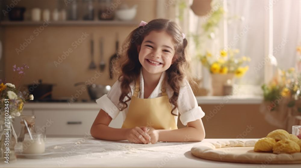 A beaming baker-girl busily bakes pizza and pie, atop grated cheese, in her contemporary kitchen, savouring her culinary leisure. A beaming baker-girl busily bakes pizza and pie, atop grated cheese, in her contemporary kitchen, savouring her culinary leisure.