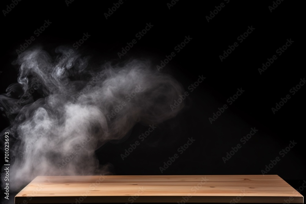 A smoke rises on a dark background, providing room to showcase your products on a vacant wooden table.