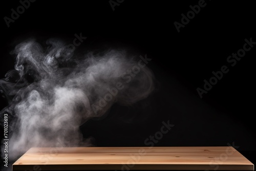 A smoke rises on a dark background, providing room to showcase your products on a vacant wooden table.