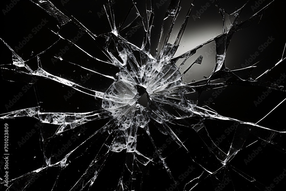 Fragmented shards of broken glass with a distressed white and dark pattern on a dark backdrop. Fragmented shards of broken glass with a distressed white and dark pattern on a dark backdrop.