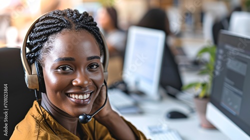Smiling African American customer service representative with headset working in call center and making eye contact with blank area. photo