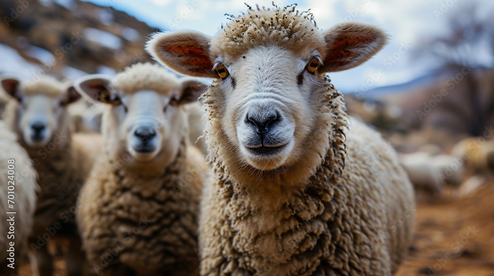 Obraz premium A flock of sheep gaze towards the camera on a solitary backdrop.