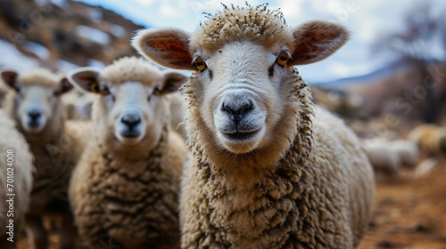 A flock of sheep gaze towards the camera on a solitary backdrop.