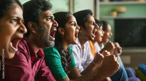 A side view of an enthusiastic family cheering for the Indian Cricket Team on TV at home, representing team spirit and energetic support. photo
