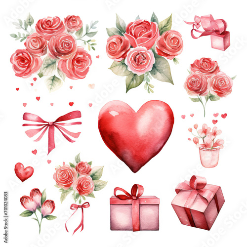Collection of Valentine's Day elements painted in watercolor. Generative AI © AIExplosion