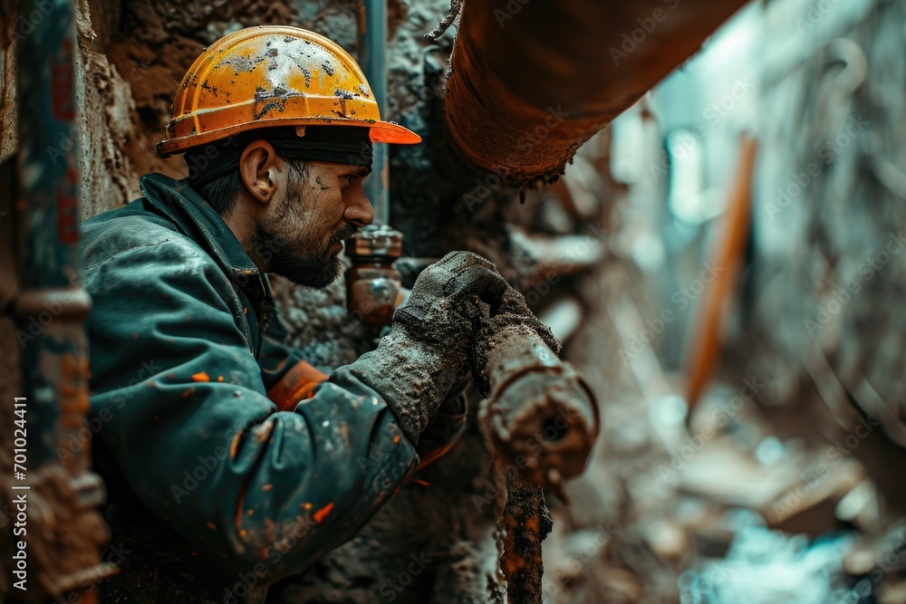 A man wearing a hard hat is seen working on a pipe. This image can be used to depict construction, infrastructure, or maintenance work A man wearing a hard hat is seen working on a pipe. This image can be used to depict construction, infrastructure, or maintenance work