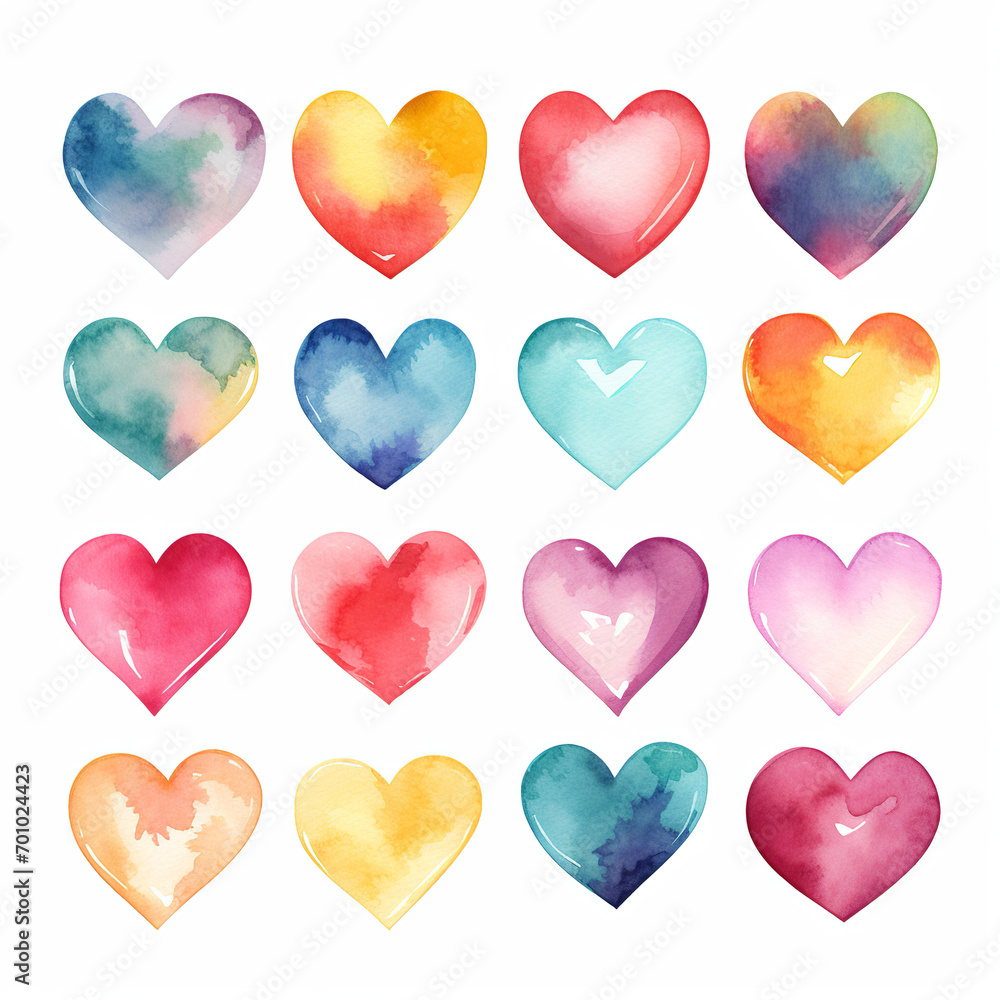 Watercolor clip art of colorful hearts on white background. Generative AI