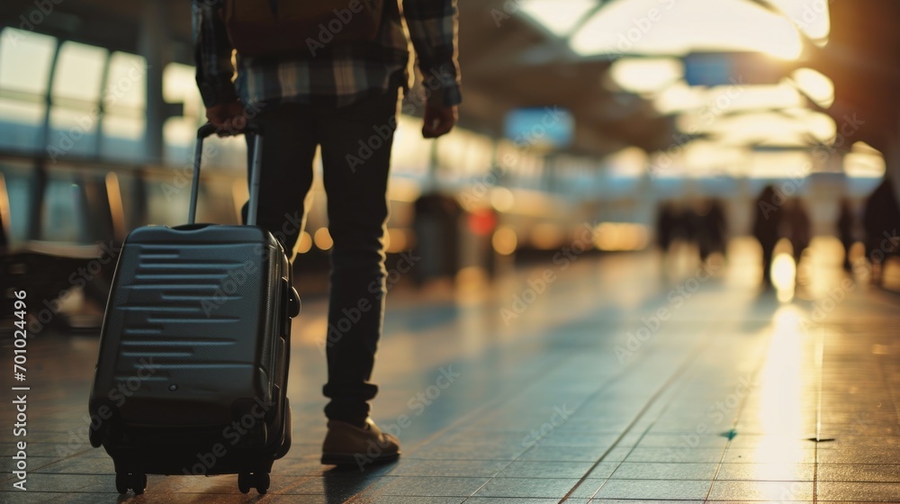 A person is seen walking with a suitcase in a train station. This image can be used to depict travel, transportation, or commuting - obrazy, fototapety, plakaty 