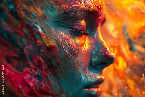 An abstract digital painting of a woman face colored with paint and in a dreamy colorful world, strange artwork of a female in fantasy universe,AI Generated © MeSSrro