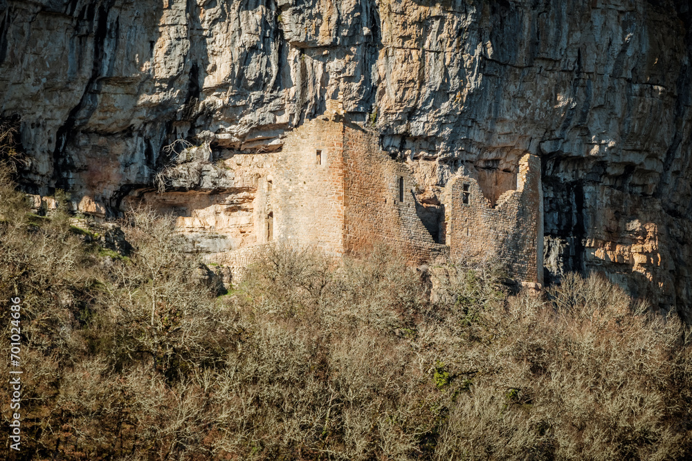 Chateau des Anglais, a 13th century castle built iinto a cliff above the village of Autoire in the Lot region of France