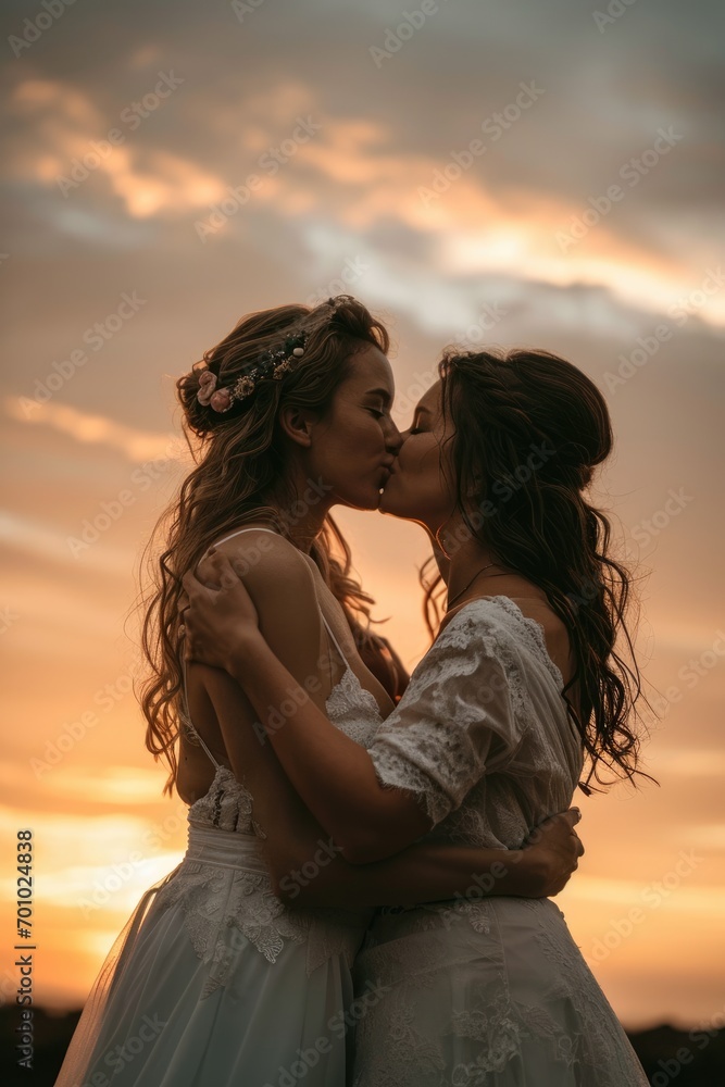 Eternal Love: Lesbian Brides Share a Tender Kiss Under a Beautiful Sunset, the Sky Painted in Warm and Vibrant Orange Hues - A Captivating Moment of Romance.
Eternal Love: Lesbian Brides Share a Tender Kiss Under a Beautiful Sunset, the Sky Painted in Warm and Vibrant Orange Hues - A Captivating Moment of Romance.