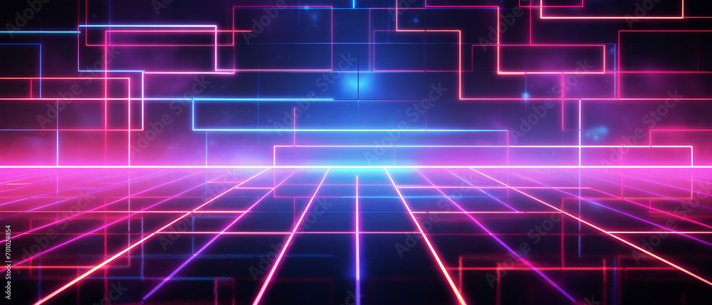 Vibrant neon lines form a nostalgic 80s-style grid against a dark backdrop, exuding retro charm. Vibrant neon lines form a nostalgic 80s-style grid against a dark backdrop, exuding retro charm.