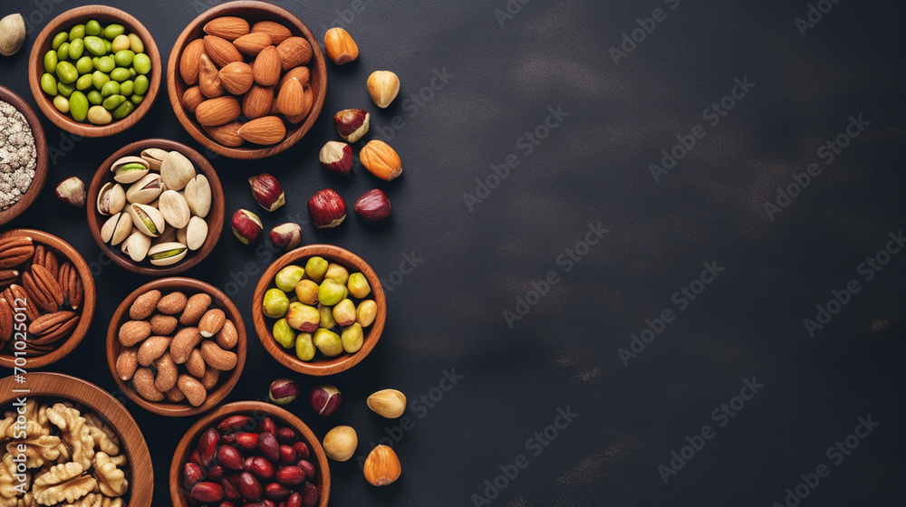 Assortment of nuts on a black slate or stone background - healthy snack.Top view with copy space - obrazy, fototapety, plakaty 
